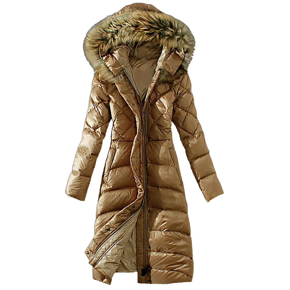 Зимнее женское однотонное теплое тонкое хлопковое пальто с воротником из искусственного меха, длинный пуховик