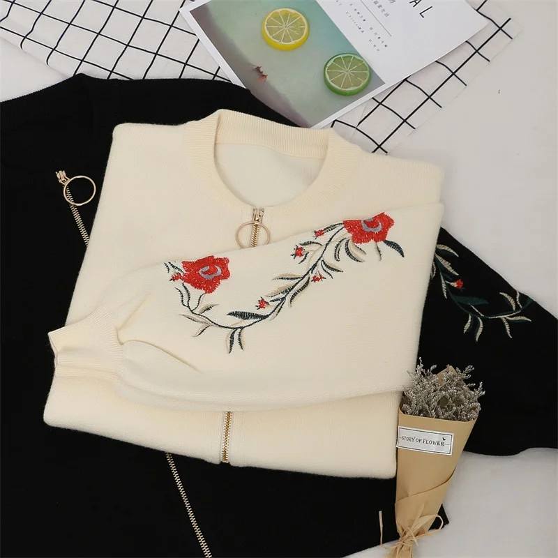 OHCLOTHING Новинка весны большой размер Женский вышитый свитер с длинными рукавами на молнии кардиган пальто F1761