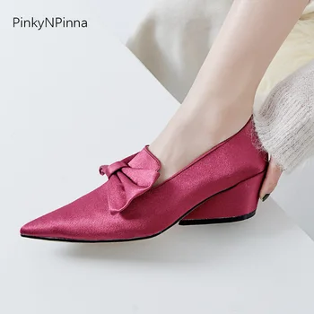 

women satin fashion pumps pointed toe bow tied cute ladies dress party shoes pigskin lining sheepskin insole plus size high heel
