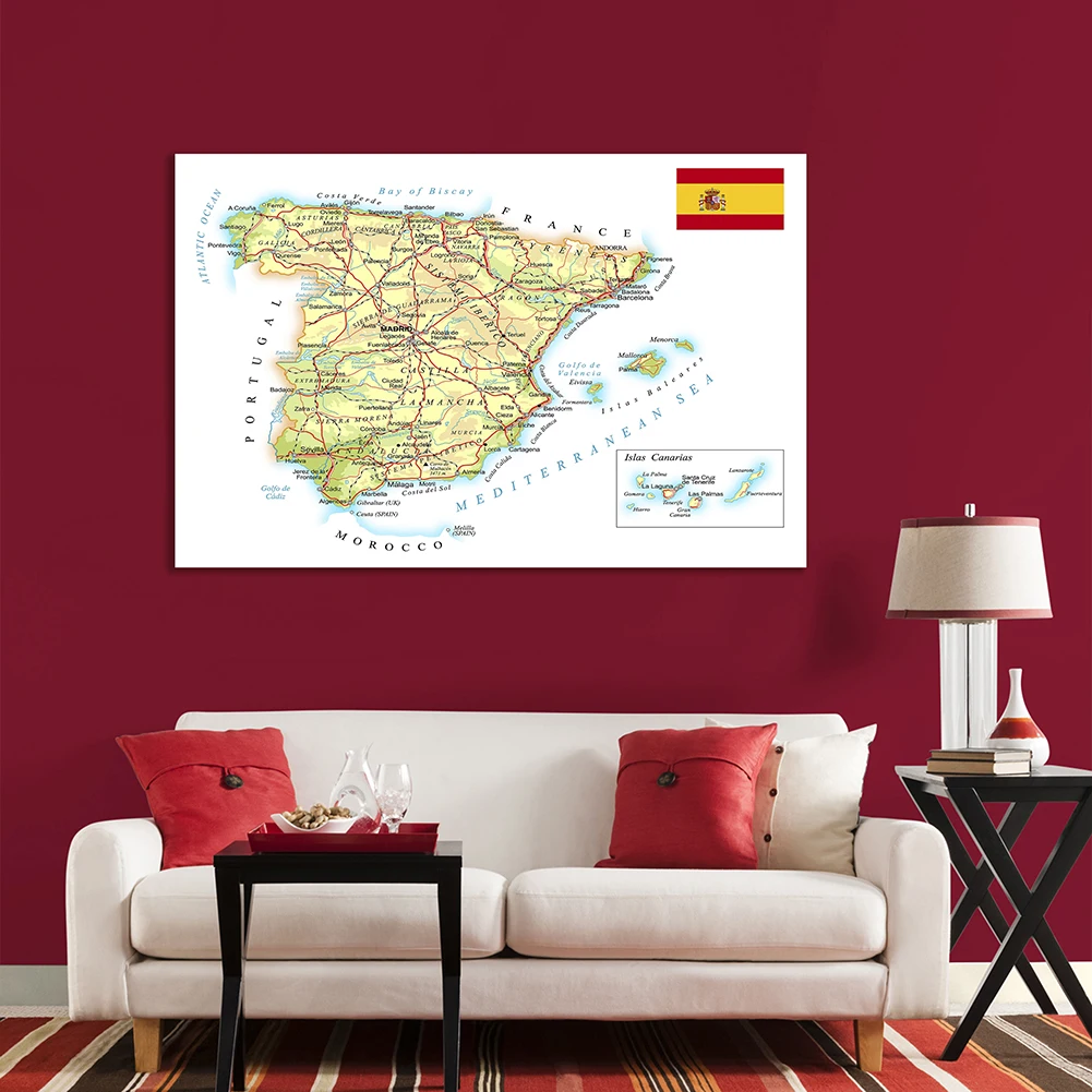 150*100cm Road and Rail Network of The Spain Map Non-woven Canvas Painting Wall Poster Office School Supplies Home Decoration spain road map