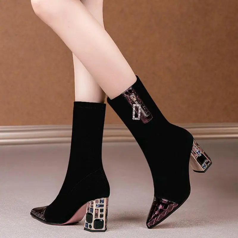 Women's Boots 2021 New Fabric High Heels Autumn Winter Socks Boots Warm Plush Women's Fashion Zipper Toe Cap