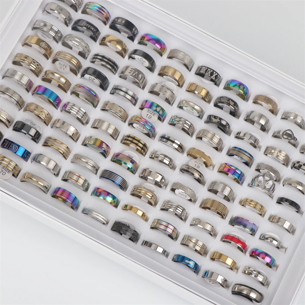 Finger Ring Stainless Steel Ring Ring Set Adjustable Rings Bulk 50pcs/Lot Mens Stainless Steel Rings Mix Different Style For Women Jewelry No Box