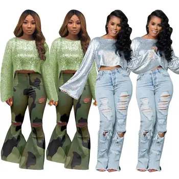 

Sparkles Sequins Women Long Sleeves Short T Shirts with Inner Linning Green Silver Crew Neck Short Tops Tees for Nightclub Part