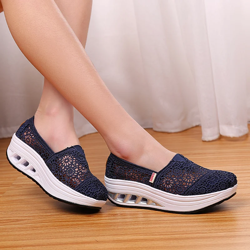 Woman Casual Shoes Women Hollow Floral Breathable Mesh Lace Shallow Shoes Ladies Platform Thick Heel Sole Size 35-40 women loafers women orthopedic shoes