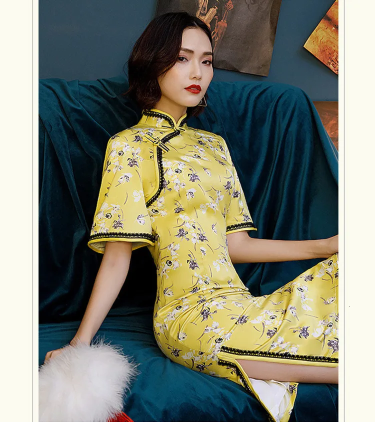 Sheng Coco женские желтые шелковые платья Чонсам Qipao Nigth вечерние кружевные платья с коротким рукавом в восточном стиле с цветочным принтом Qi Pao