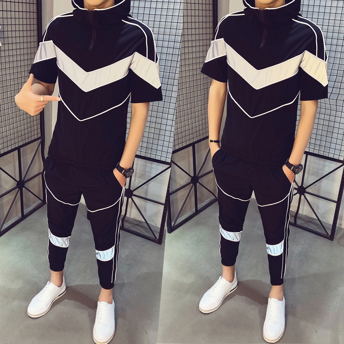 

Causal Hip Hop Set Men Short Sleeve Hooded T-shirt + Pant Moda Hombre Spring Tracksuit Men Personality Print Track Suit 2 Pieces