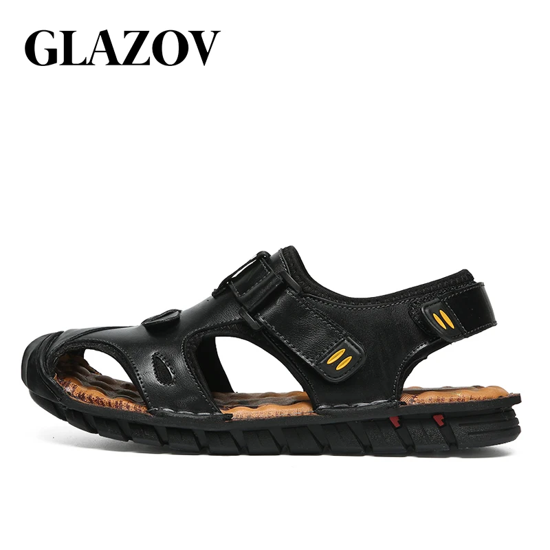 GLAZOV/Брендовые мужские летние модные сандалии; пляжная обувь из натуральной кожи; удобная высококачественная повседневная обувь; Мужская обувь в римском стиле - Цвет: Black