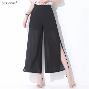 

VISNXGI Plus Size Women Pants Casual Mid Waist Side Split Solid Color Wide Leg Trousers Chiffon Wide Leg Office Ladies Pants