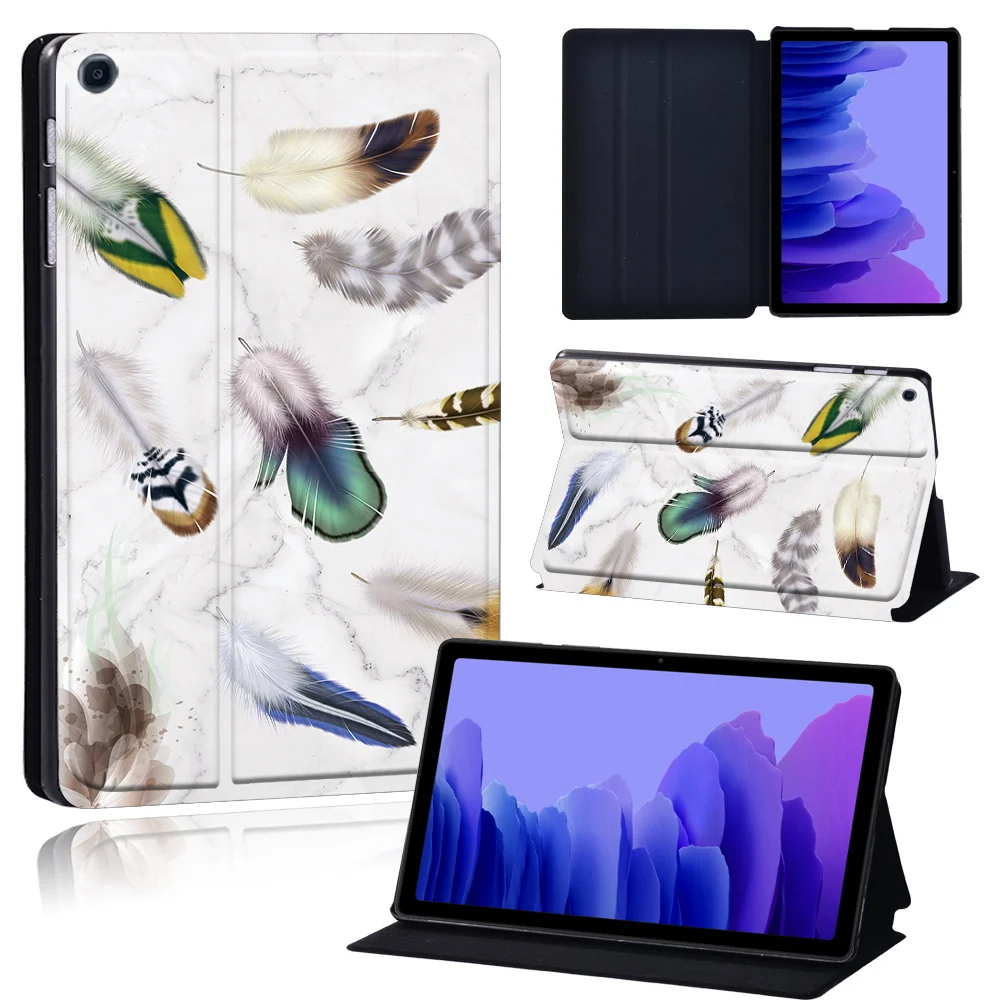 Tablets Case for Samsung Galaxy Tab A7 10.4 Inch 2020 T500/T505 Printed Feather PU Leather Tablet Stand folio Cover+ Free Stylus