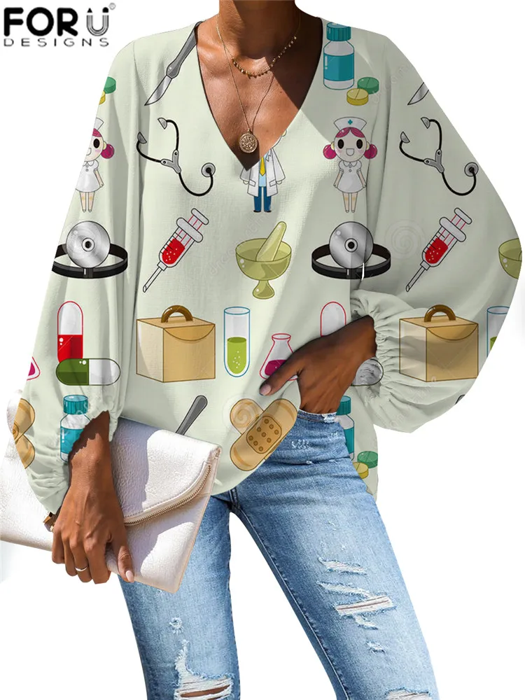 FORUDESIGNS/Harajuku стиль мультфильм милый узор с изображением сиделки блузка Повседневная Свободная рубашка с длинным рукавом Топы размера плюс v-образный вырез