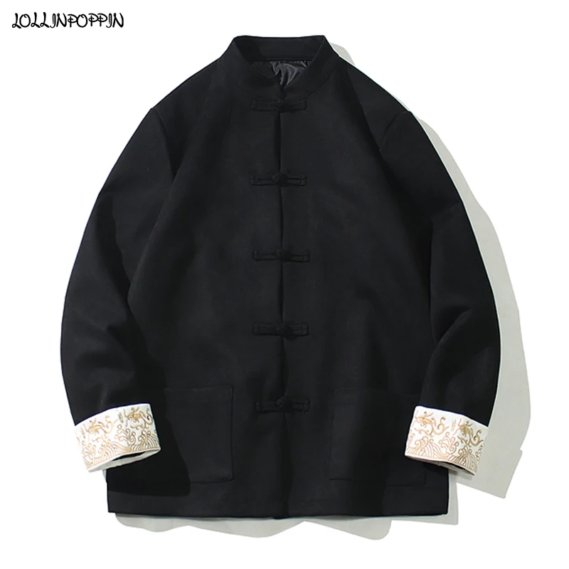 

Embroidery Cuffs Men Faux Suede Tunic Jacket Frog Closures 2021 New Mandarin Collar Chinese Style Coat Male Outerwear