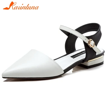 

KARINLUNA Genuine Leather Female Brand Classic Summer Sandals Pointed Toe Mixed Color Low Heels Women Sandals Women Shoes