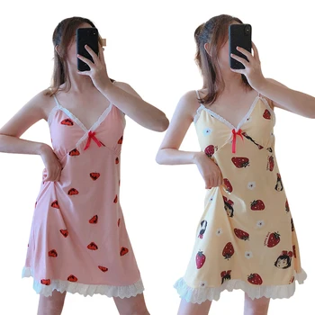 

Summer Women Cartoon Nightdress Spaqhetti Strap Sleepwear Leisure Sleeveless Deep V Lace Nightdress Girl Nightgowns Sleepshirts