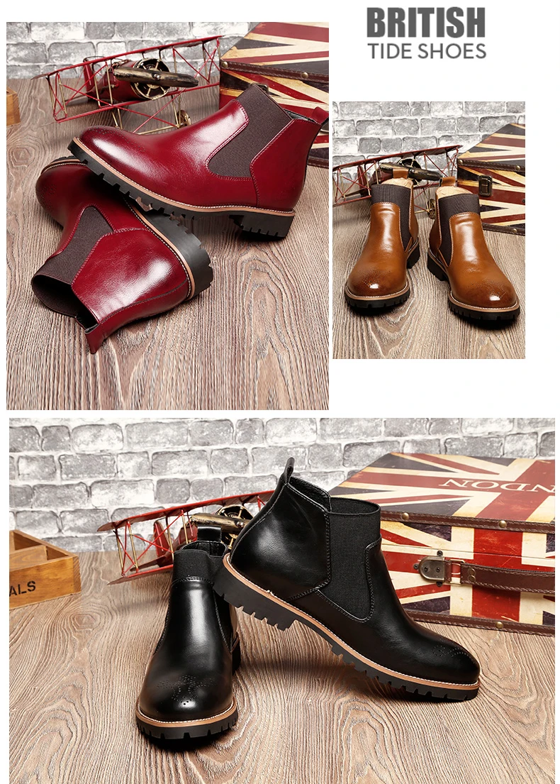 Для мужчин платье Chelsea сапоги Слип-он на водонепроницаемые полусапожки Для мужчин, обувь с перфорацией типа «броги» модные ботинки из микрофибры; обувь из натуральной кожи; большие размеры 38–46
