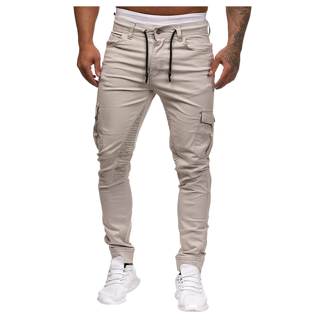 Beige Лето Новые повседневные спортивные тканые накладной карман сшивание ноги брюки мужские фитнес брюки Беговые тренировочные длинные штаны 8,13 - Цвет: Beige