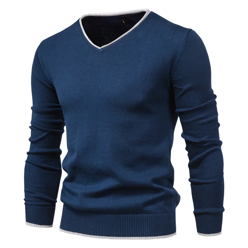 Men Autumn New Sweater V-neck Pullovers Fashion 100% Cotton Solid Color Long Sleeve Slim Sweaters Men Navy Knitwear 1