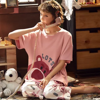 

Summer Sleep Lounge Pajama Short Sleeve Top + Long Pant Woman Pajama Set Cartoon Pyjamas Cotton Sleepwear Women M L XL XXL