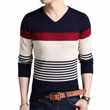 Свитера толстый теплый пуловер мужской повседневный полосатый свитер с v-образным вырезом Мужская одежда осенняя зимняя вязаная одежда Pull Homme