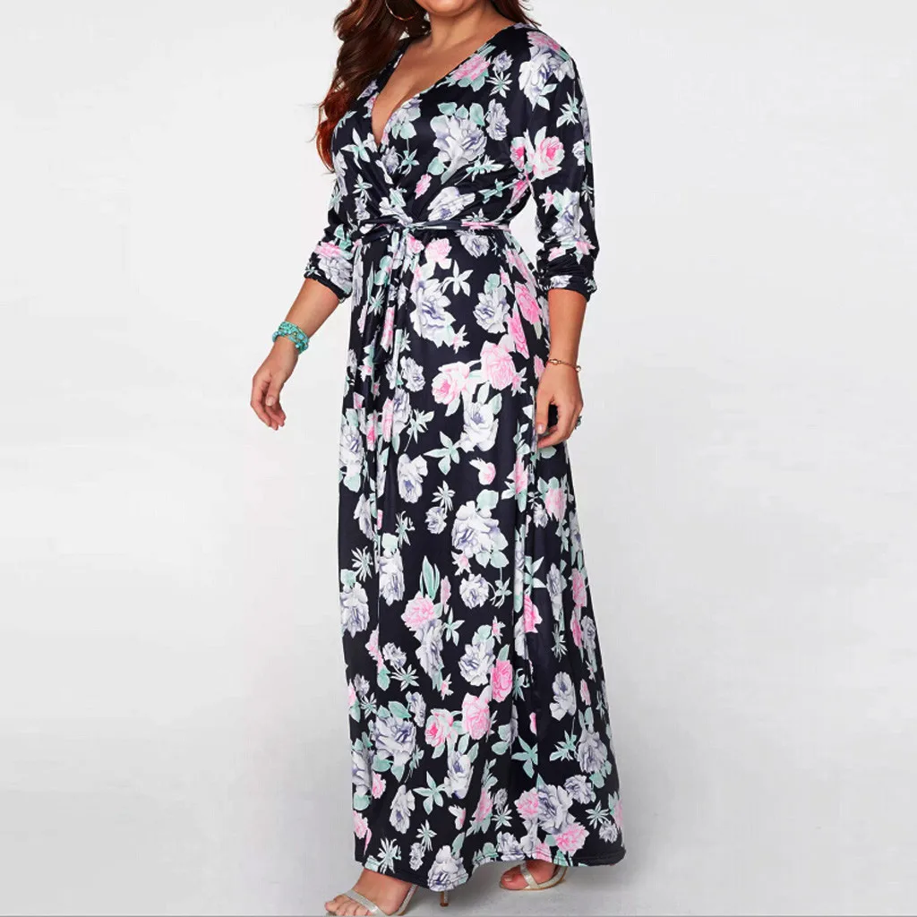 Модное женское платье vestidos de verano, плюс размер, с v-образным вырезом, с длинным рукавом, Бандажное, свободное платье, халат longue femme ete, осень