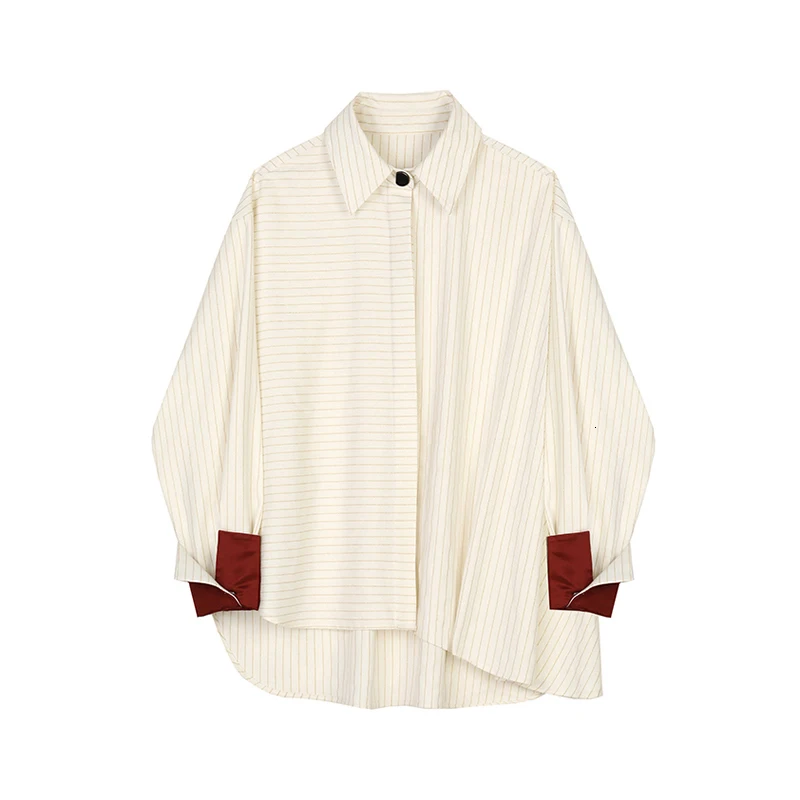 [EAM] женская бежевая полосатая блуза большого размера, новая свободная рубашка с отворотом и длинным рукавом, модная весенняя Осенняя 1B449 - Цвет: beige