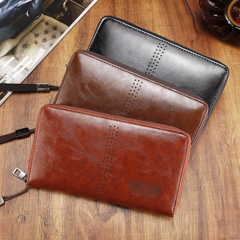

Business Men's Handmade Oil Wax Leather Clutch Phone Credit Card Storage Bag Large Men's Zipper Premium Brand Clutch Men's Gift