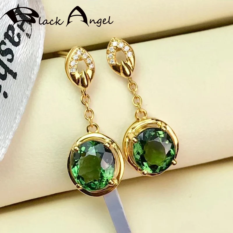 

BLACK ANGEL 2020 New 925 Sterling Silver Round Emerald Gemstone Green Tourmaline Long Drop Earrings For Women Jewelry Wholesale