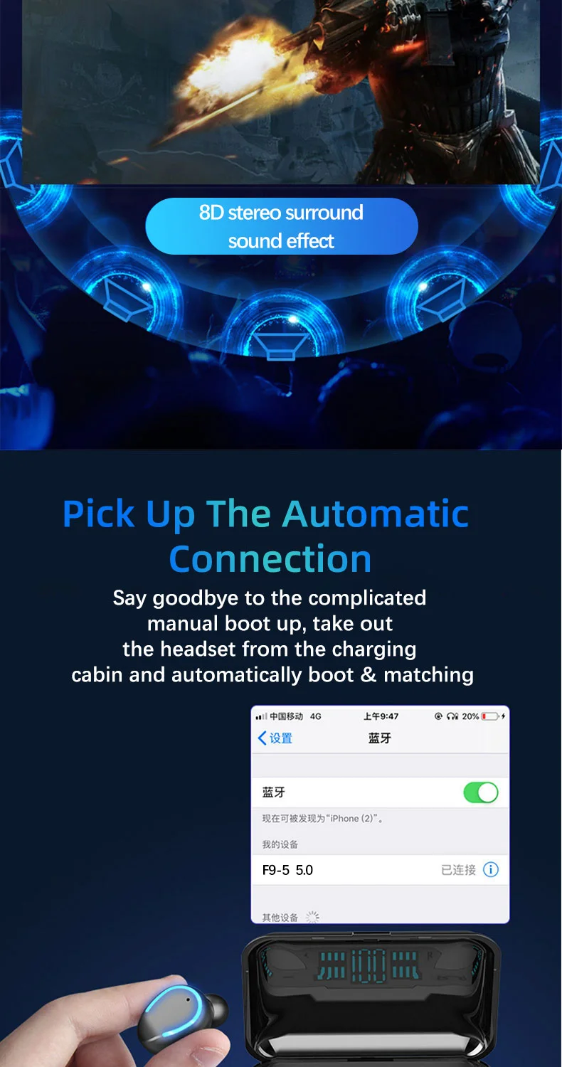 F9-5 Беспроводные наушники с Bluetooth v5.0 TWS, сенсорная гарнитура с отпечатком пальца, Hi-Fi стерео наушники-вкладыши, беспроводные наушники с bluetooth