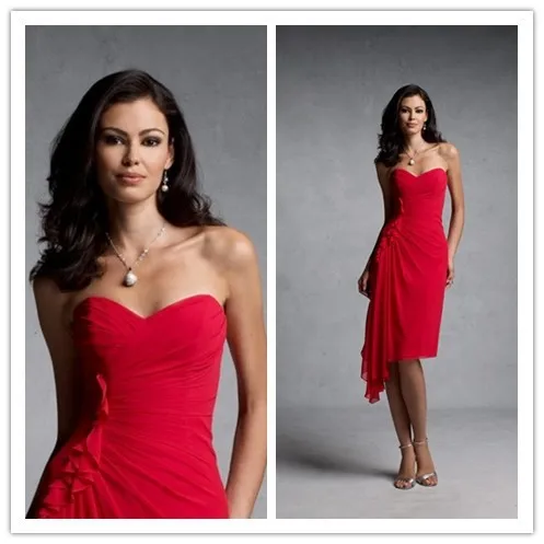 

2019 New Red Simple Elegant Short Sheath Sweetheart Knee Length Pleat Chiffon Mother of the Bride Dresses MOMS WE-01