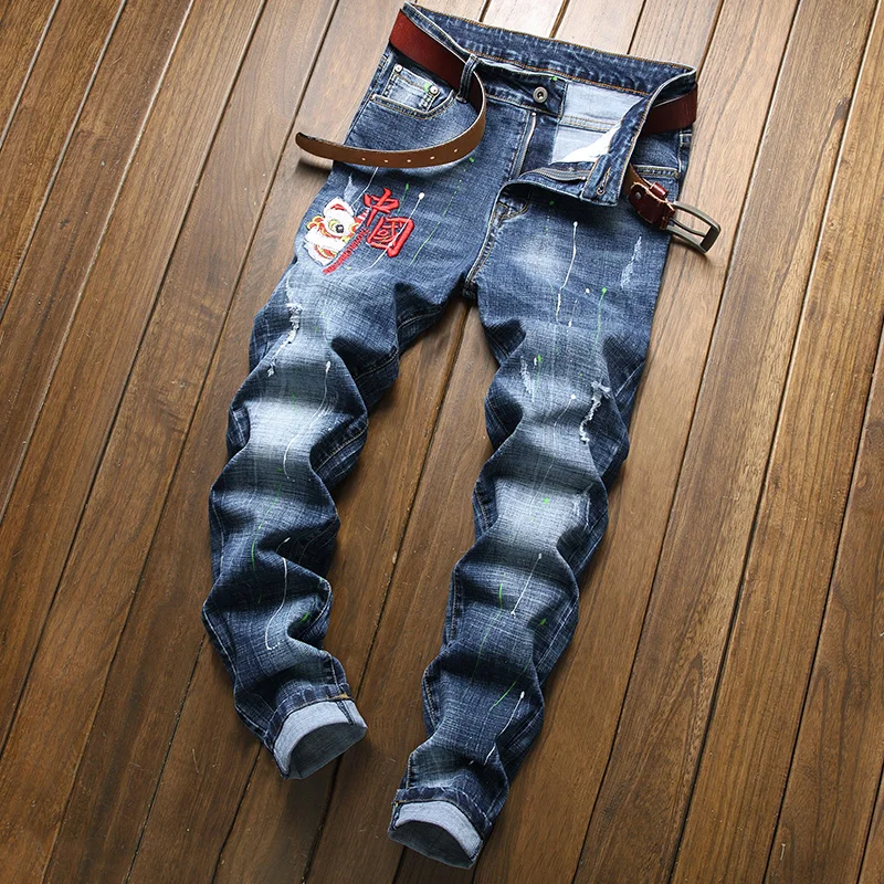 Pantalones vaqueros bordados para hombre, Jeans informales elásticos de pierna recta, ajustados, de marca, a la moda, primavera, 2021