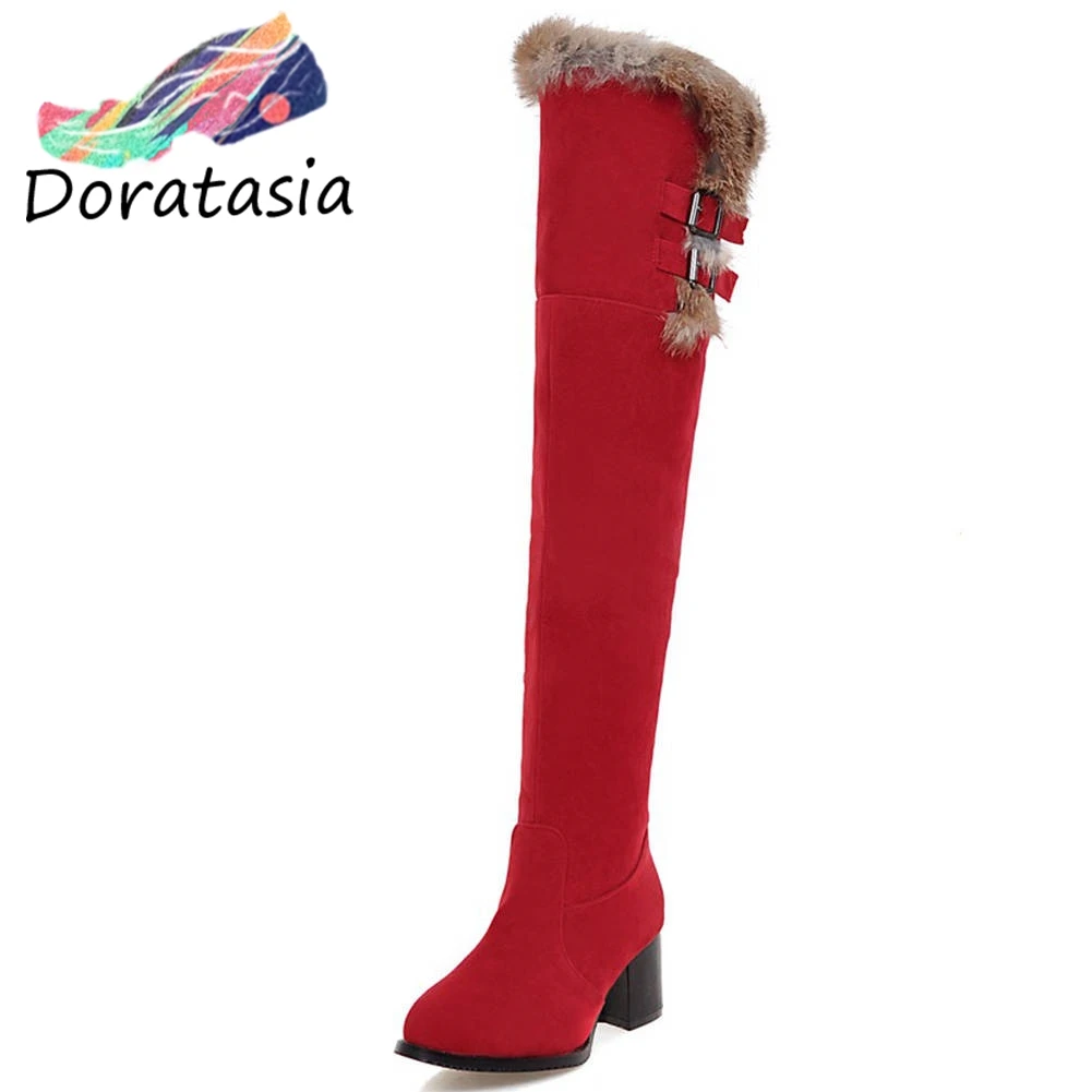 

DORATASIA Girl Elegant Flock Knee High Boots Fashion Faux Fur Decorating Boots Women Winter High Heels Shoes Woman