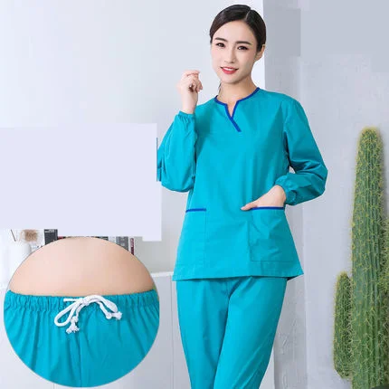 women long sleeve Эластичная форма медсестры из хлопка и спандекса для женщин и мужчин, медицинский костюм, стоматологический больничный набор, рабочая одежда, одежда для кормления - Цвет: women long sleeve