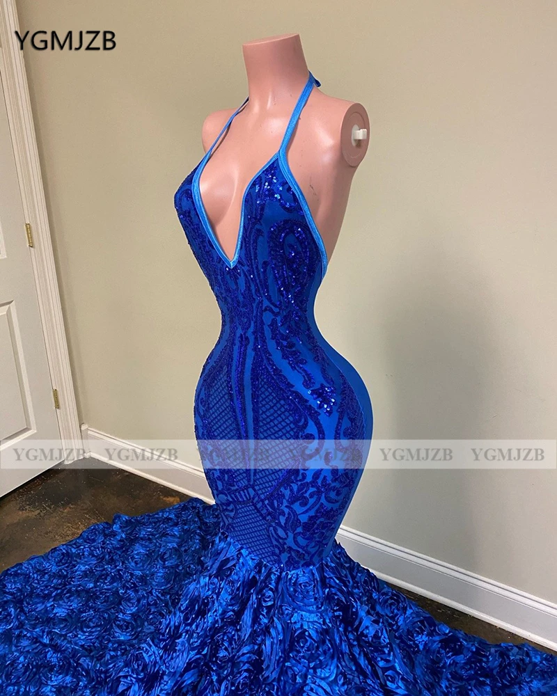 blue prom dresses Backless Royal Blue Long Mermaid Prom Dress 2020 3D Flowers Train Sparkly Sequin Halter V Neck African Black Girl Evening Gown purple prom dress