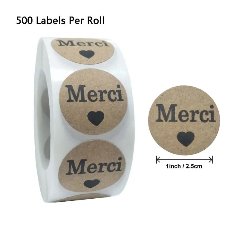 Pegatinas de Etiquetas de Gracias francés Natural Kraft Merci, 500x, etiqueta sellada para hornear, paquete de pegatinas, adhesivo de papelería para álbum de recortes