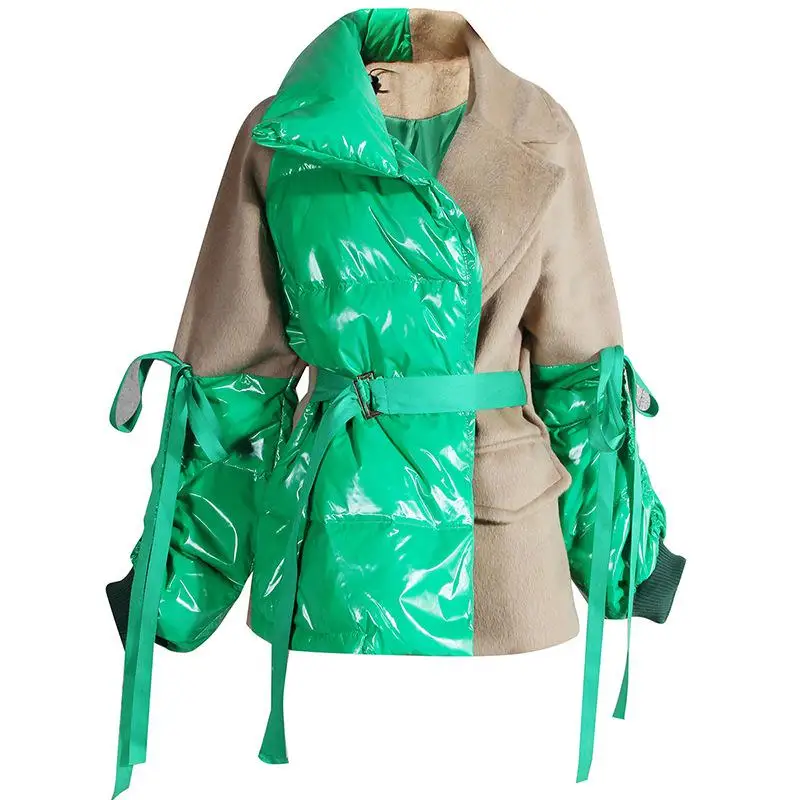 Getspring Women Parka Wool Patchwork Bandage Women Winter Jacket Warm Parka Fashion Winter Color Matching Coat Winter - Цвет: Green