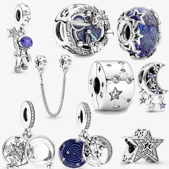 Colgante de plata de ley 2021 con forma de galaxia para mujer, cuentas azules compatibles con pulsera Pandora original, fabricación de joyas de plata 100%, novedad de 925