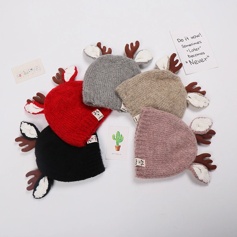 Осенне-зимняя детская вязаная шапка с рисунком рождественского оленя, плотная теплая шерстяная шапка, рождественский подарок, детские вязаные шапки