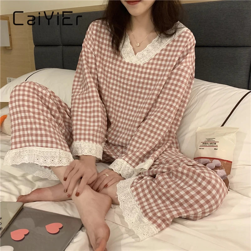 CAIYIER Korean Ulzzang Pink Plaid Print Pajamas Set Lovely V-Neck Girls Nightwear Loose Casual Long Sleeve Winter Homewear Suit