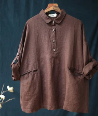 Coffee color Осенняя блузка Ретро женский свободный пуловер-рубашка новые женские топы отложной воротник с длинным рукавом Кнопка Повседневная Блузка - Цвет: Coffee color