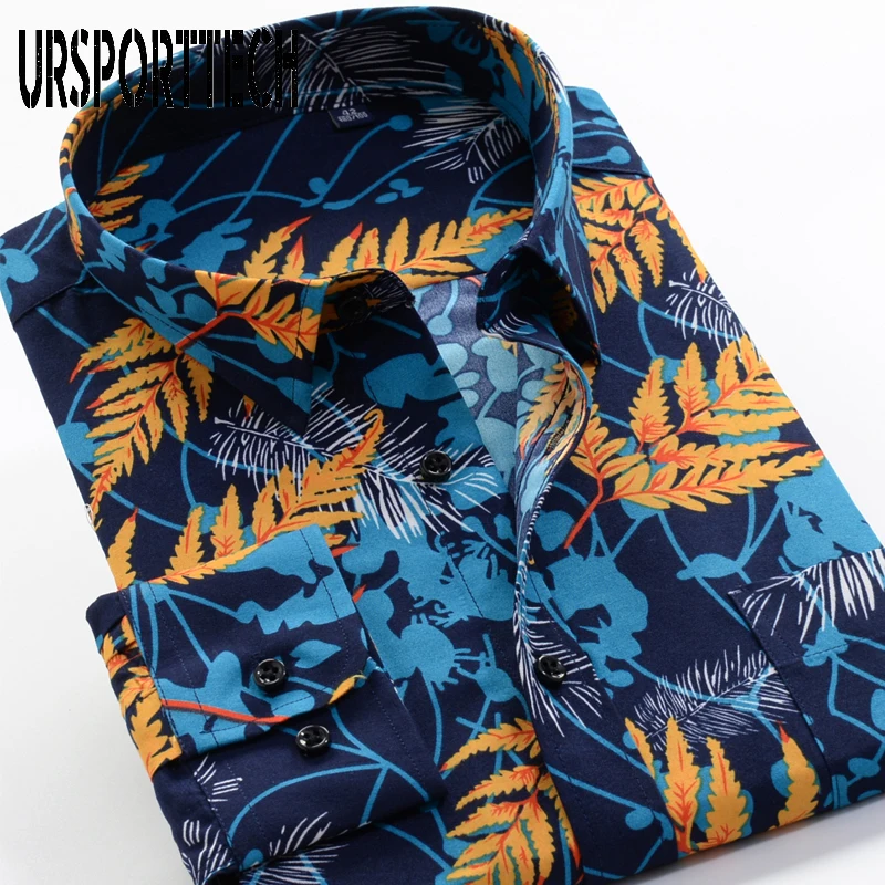 

URSPORTTECH Large Size 8XL 9XL 10XL Vintage Floral Print Men Shirts Long Sleeve 2020 Business Casual Fashion Classic Dress Shirt