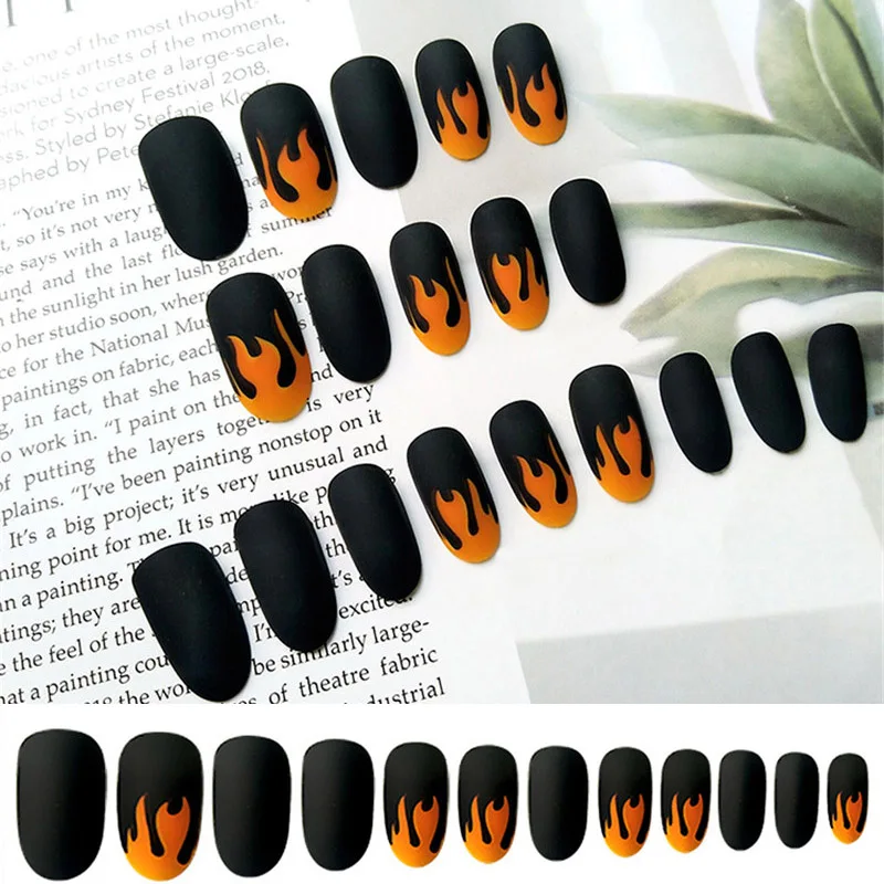24 шт Матовый дизайн пламени поддельные ногти матовый градиент короткие