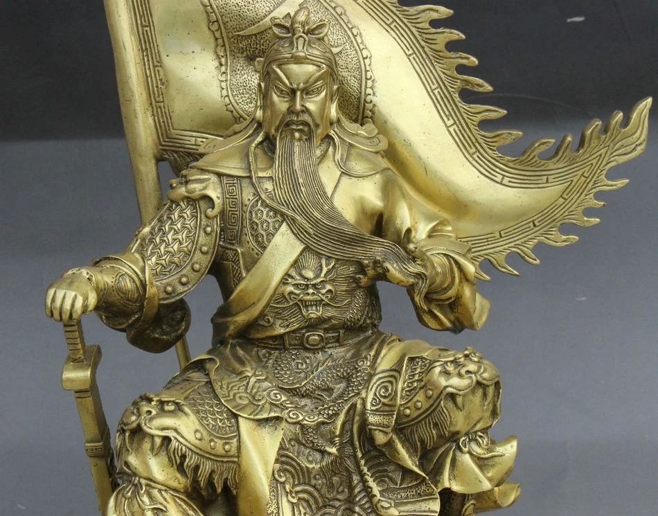 1" Китайский чистый Бронзовый Дракон Guan Gong Guan Yu воин Бог Лин флаг Статуя
