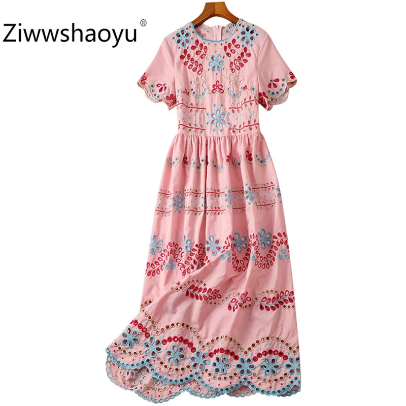 

Ziwwshaoyu Summer Runway Hollow Out Embroidery Pink Short Sleeve High Waist Maxi Dresses Women's High Quality Clothing