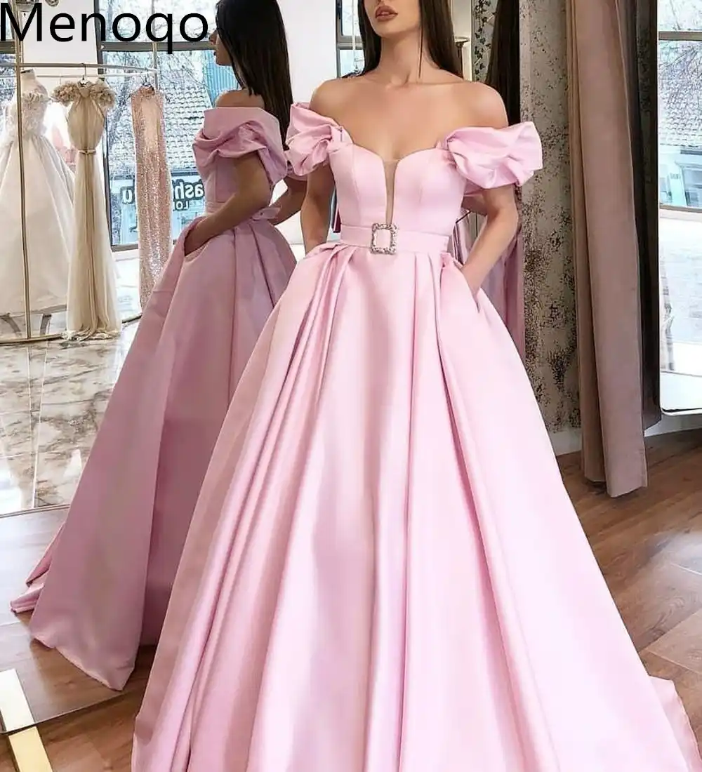 Strapless Pink Prom Dresses with Pockets Latest Fashion Satin Aline