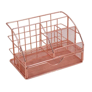 

Jewelry and Cosmetic Storage Brush Holder Rose gold Mesh Iron Storage Case Organiser Including 1 Drawers and 5 Lattices