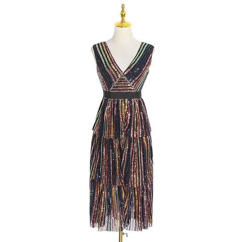 主图加logo.jpg TWOTWINSTYLE Patchwork Sequined Striped Party Dresses For Female V Neck Sleeveless High Waist Cascading Ruffle Womens Dress New