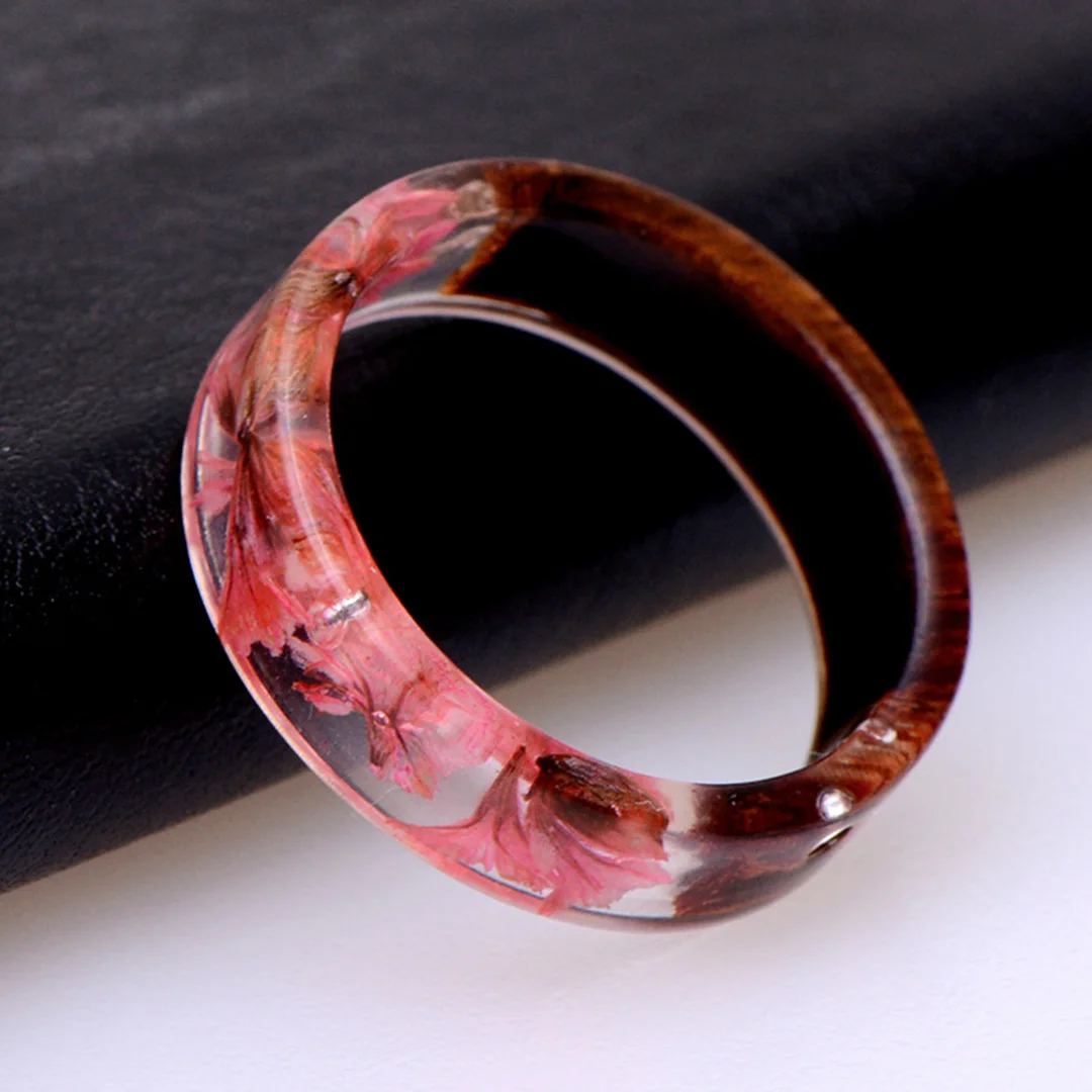 Dried Flower Resin Wood Ring Man Transparent Finger Ring Charm Plant Wood Bohemian Rings For Women Handmade Jewelry Party Gift