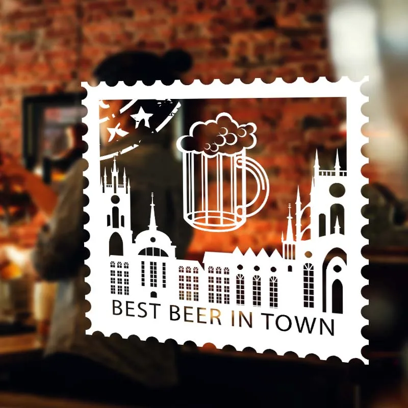 Beer Sticker Bar Best Beer In Town City Silhouette Postal Stamps Vintage Shop Decor Sign Retro Bar Pub Poster Decal Vivyl