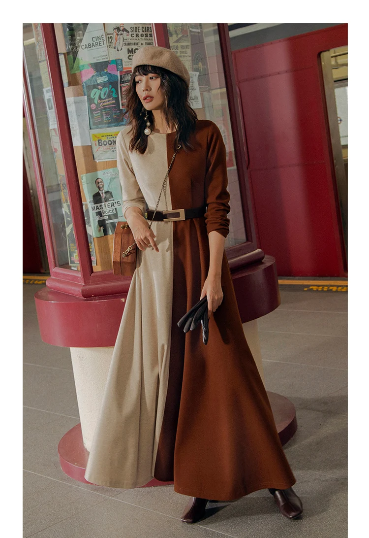 Hoge Kwaliteit Nieuwe 2019 Herfst Winter Lange Jurk Vrouwen O-hals Bruin Beige Kleur Patchwork Lange Mouwen Casual Dames Maxi Jurk Hoge Kwaliteit Nieuwe 2019 Herfst Winter Lange Jurk Vrouwen O-hals Bruin Beige Kleur Patchwork Lange Mouwen Casual Dames Maxi Jurk