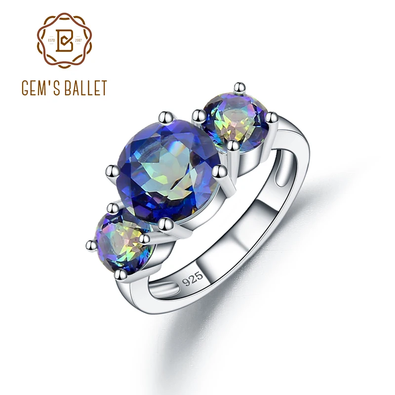 

GEM'S BALLET Natural Round Mystic Topaz Birthstone Rings For Women 925 Sterling Silver Three Stone Classic Band Ring Jewelry