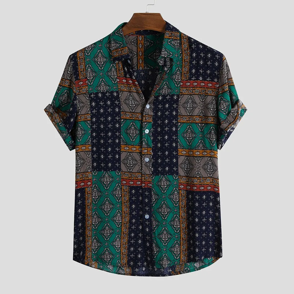 Летние мужские рубашки, повседневные Гавайские полосатые рубашки с отложным воротником и пуговицами, пляжные рубашки с коротким рукавом, топы, блузки, Camisas Hombre